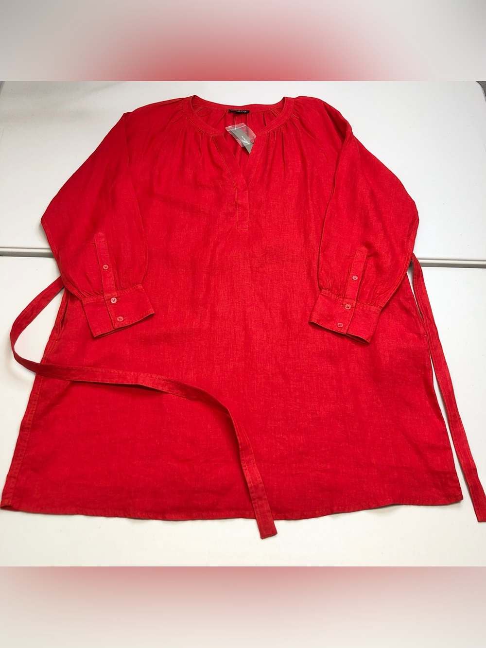 J Crew Cabana Linen Dress Women’s XL Red Midi Oversized Split Neck Resort